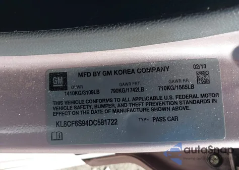 2013 Chevrolet Spark 2Lt Auto из США, поврежденный, VIN KL8CF6S94DC581722